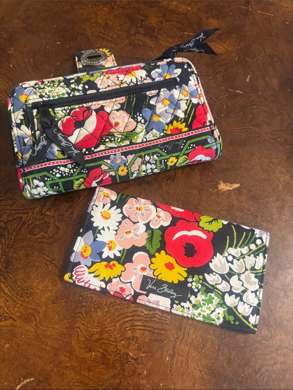 New Vera Bradley Black Floral Quilted Wallet and Card Case Set